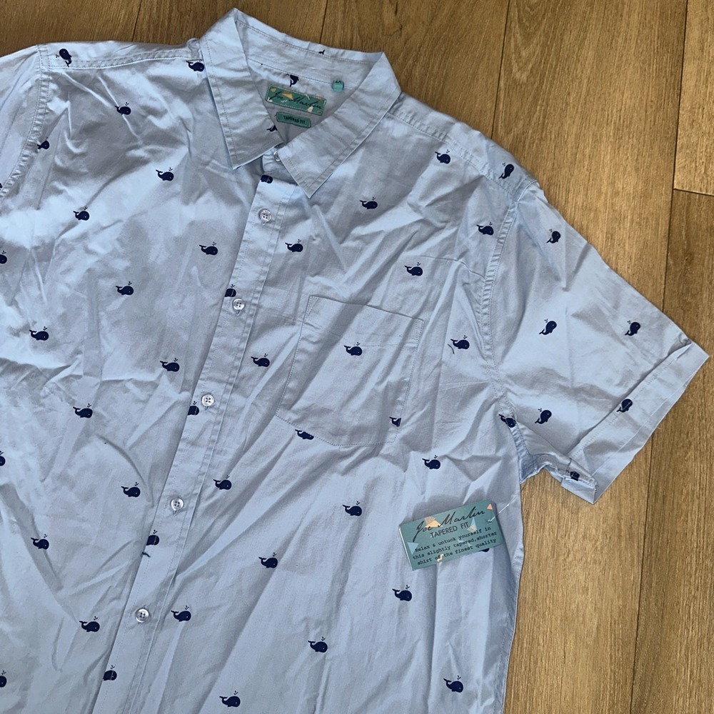 Joe Marlin Men's S/S Button Shirt Tapered Untuck Fit‎ Blue Whales Beach 2X